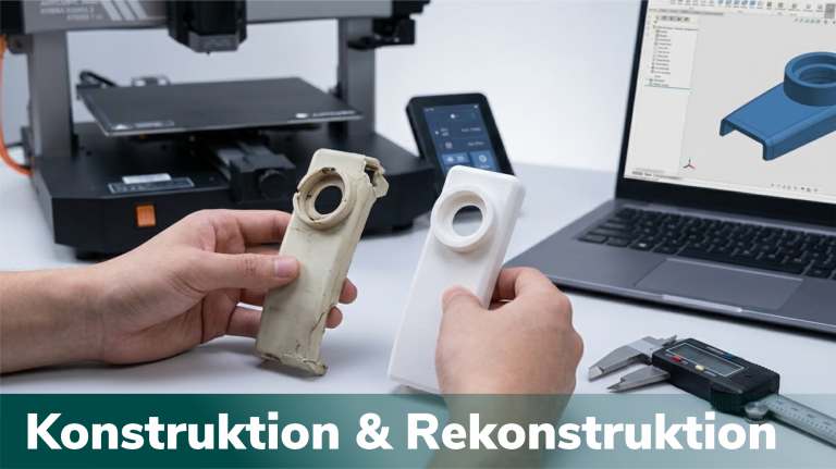 3Dream-Print Zwei Halterungen in Hand, Laptop und 3D-Drucker im Hintergrund.