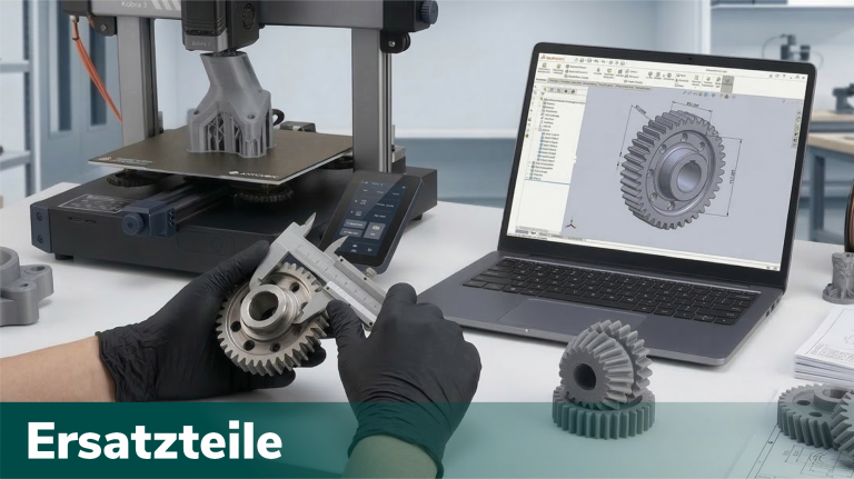3Dream-Print Eine Person misst ein Ersatzteil neben einem Laptop mit 3D-Modell-Software.