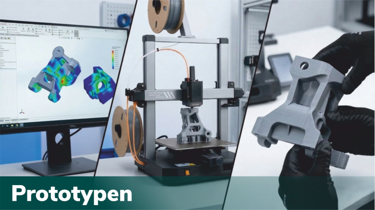 3Dream-Print 3D-Drucker mit Computeransicht von Prototypen und gedrucktem Teil.