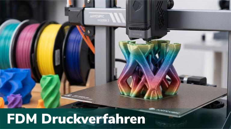 3Dream-Print Bunte 3D-Druckobjekte auf einer FDM-Druckplattform.