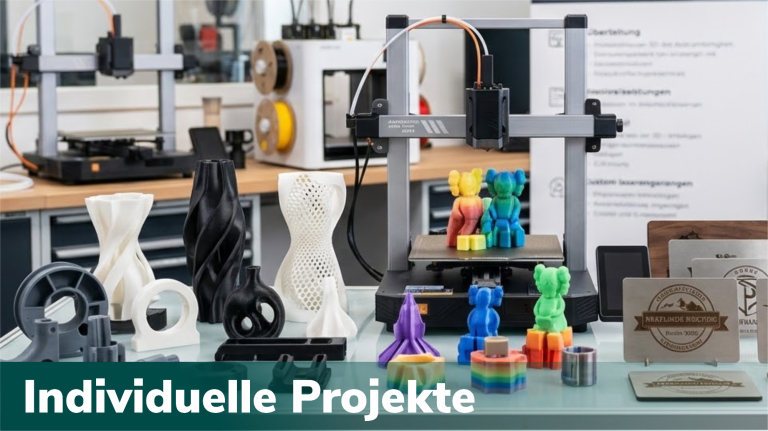 3Dream-Print Diverse 3D-gedruckte Objekte und Drucker in einem kreativen Arbeitsumfeld.