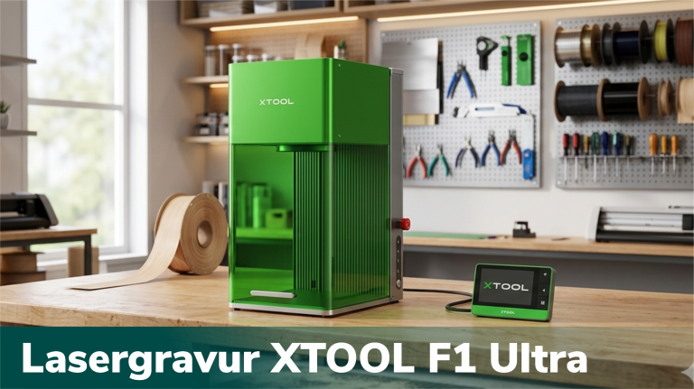 3Dream-Print Grüner Laser XTOOL F1 Ultra auf einem Tisch mit Werkzeugen und Materialien im Hintergrund.